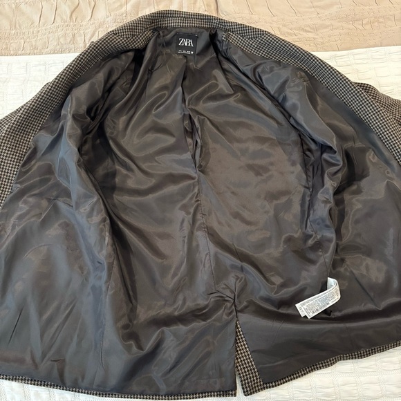 Zara Houndstooth Shoulder-pad Brown Blazer, Wool Blend, Size L, Classic Career - Picture 7 of 12